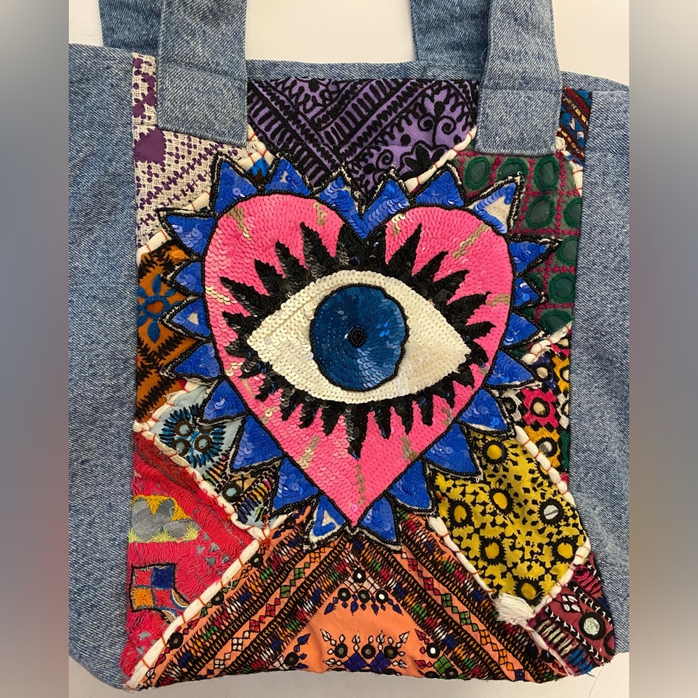 “WATCH OVER ME” Evil Eye Light Denim Tote - Picture 4 of 9